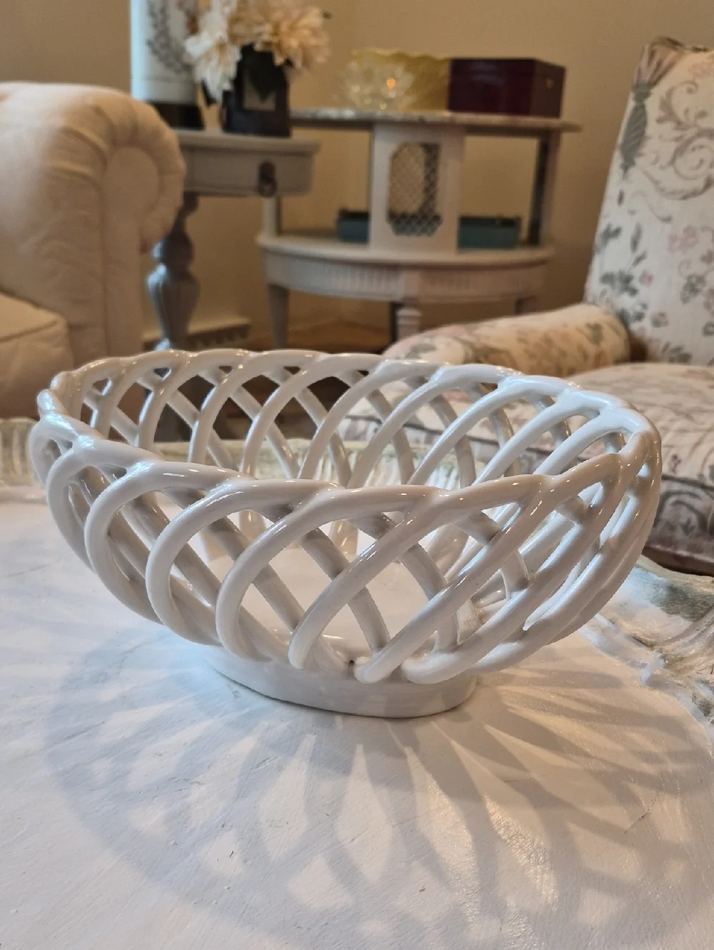 Vintage White Ceramic Open Weave Decorative Bowl
